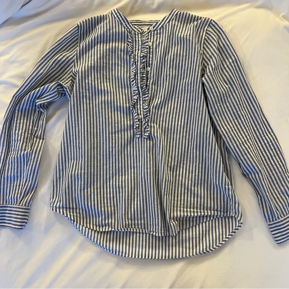 JCrew long sleeve shirt with button and ruffle detailing on neck/chest area. S.